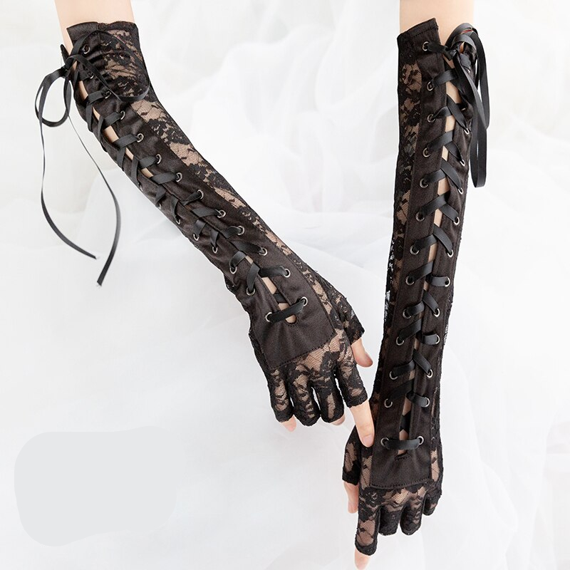 Womens Lace Up Fingerless Gloves Elbow steampunk for Costume Party Arm Warmer Sexy Mittens Clubwear Cosplay Costumes Accessories