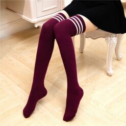 Candy Stripe Cozy Thigh Socks - wine red