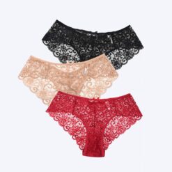 Fancy Lace Panty Set (3Pcs) - RedBlackBeige, M