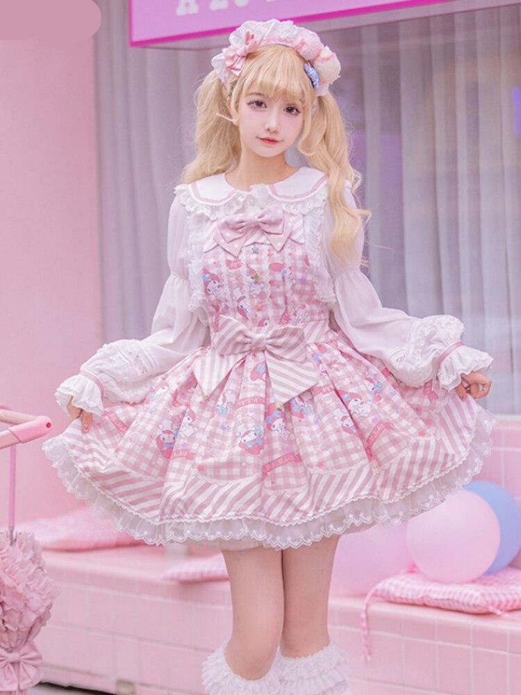 Sweet Lolita Style Cartoon Print Princess Dress Women Cute Bow Lace Party Strap Dresses Girly Harajuku Kawaii Y2k Mini Vestidos