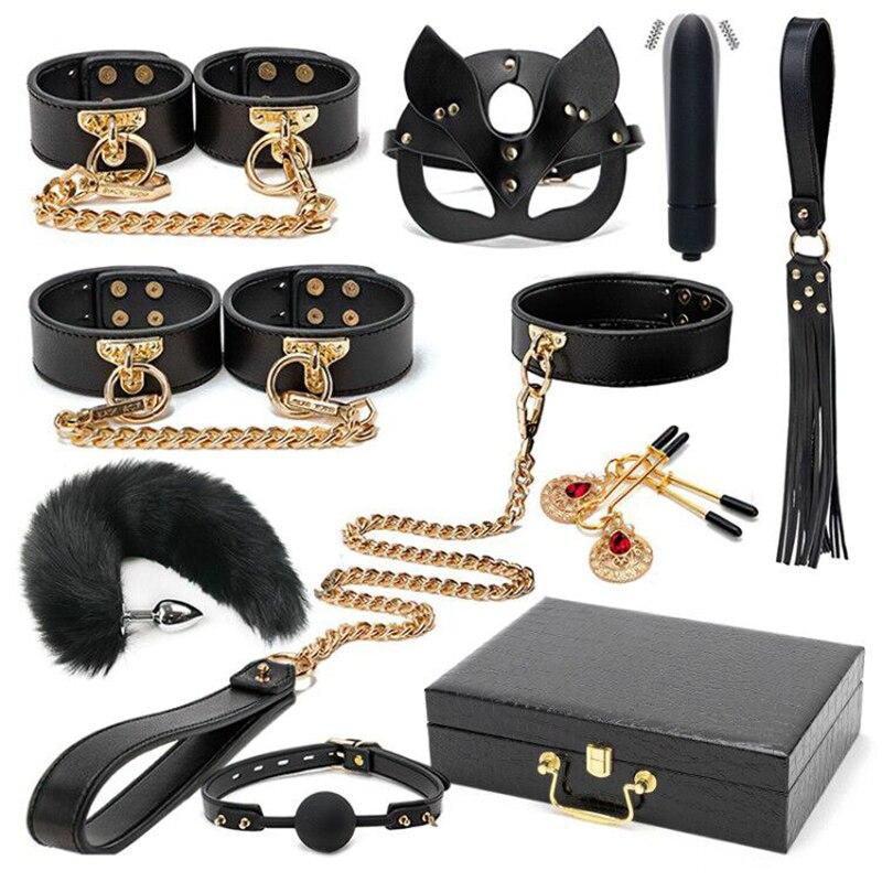 BLACKWOLF BDSM Bondage Kits Genuine Leather Restraint Set Handcuffs Collar Gag Vibrators Sex Toys For Women Couples Adult Games