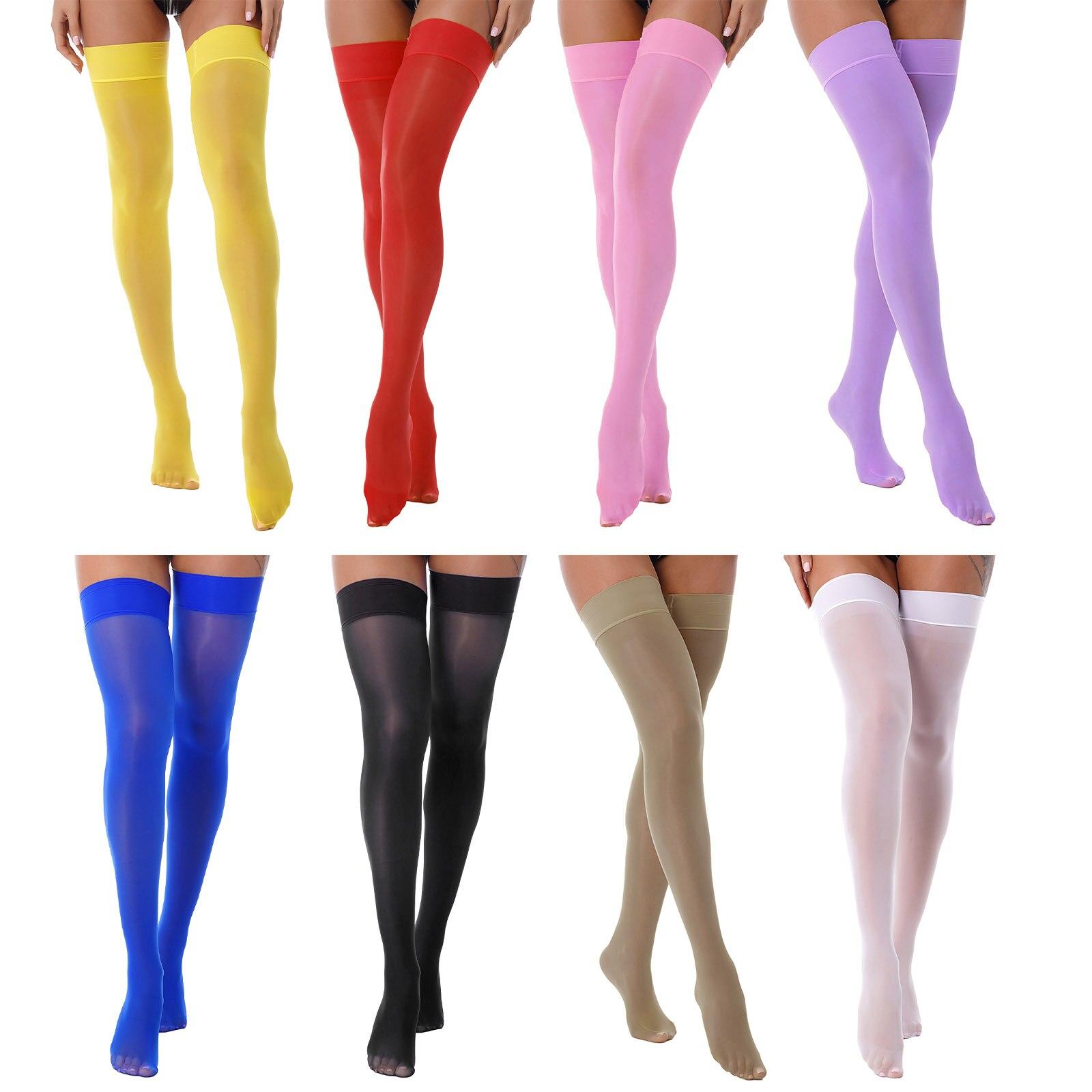 Women Oil Shiny Long Stockings Mens Glossy See-through Stockings Thin Shiny Elastic Sheer Thigh High Socks Exotic Hosiery