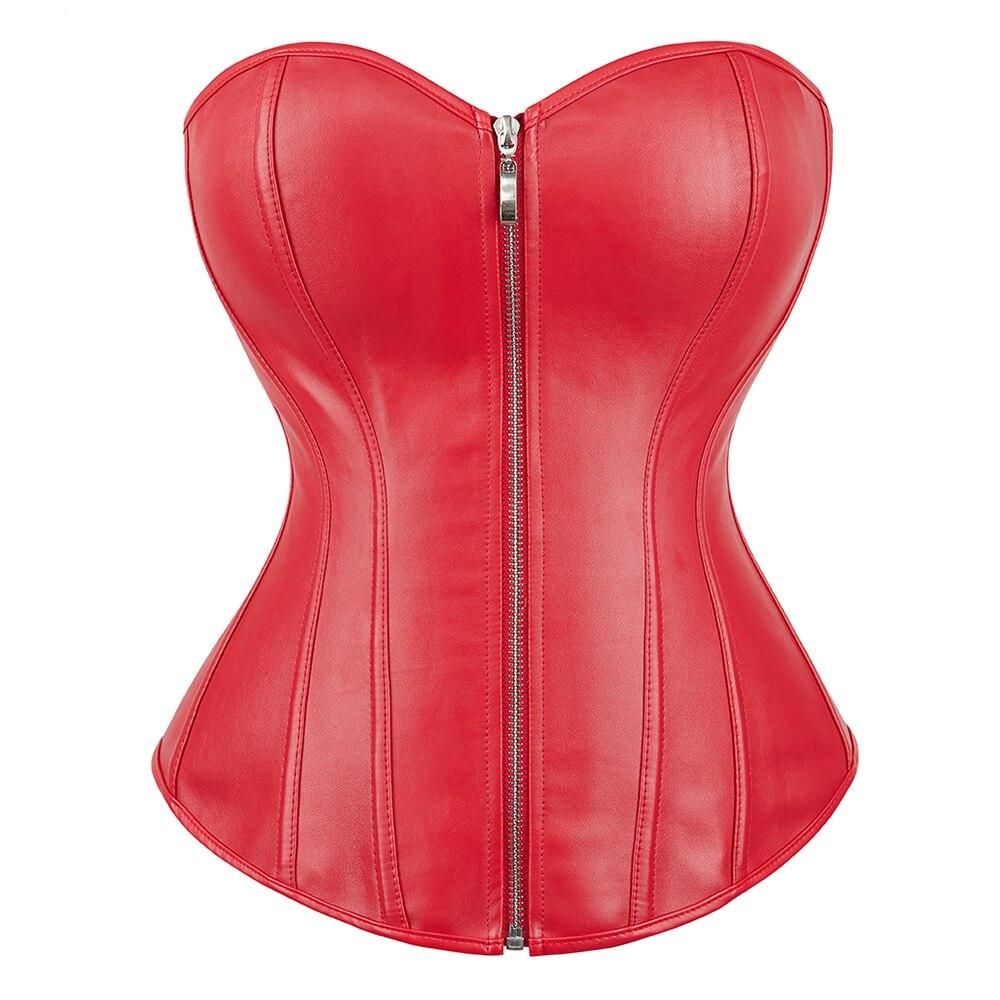 Leather Overbust Corset Zip Up Zipper Bustier Top Showgirl Night Clubwear Sexy Gothic Steampunk Gorset Plus Size Waist Shaper
