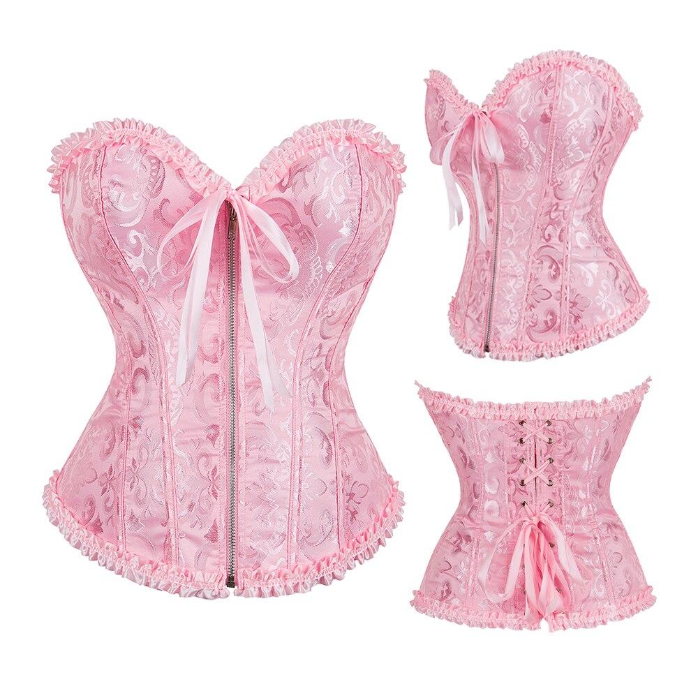 Corsets And Bustiers Tops Sexy Women Black White Pink Blue Brown Brocade Corset Zip Vintage Style Corselet Overbust Ladies