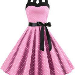 Polka Dot Halter Swing Dress - 1014-PINK, XL