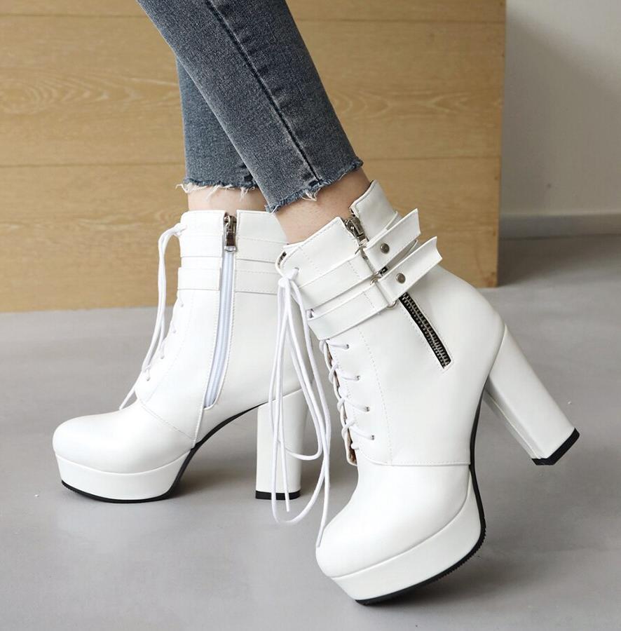 Gdgydh Black Boots Woman Vintage Buckle Casual Lady Boots High Heels Fashion Zipper Sexy Motorcycle Boots For Women Plus Size 46