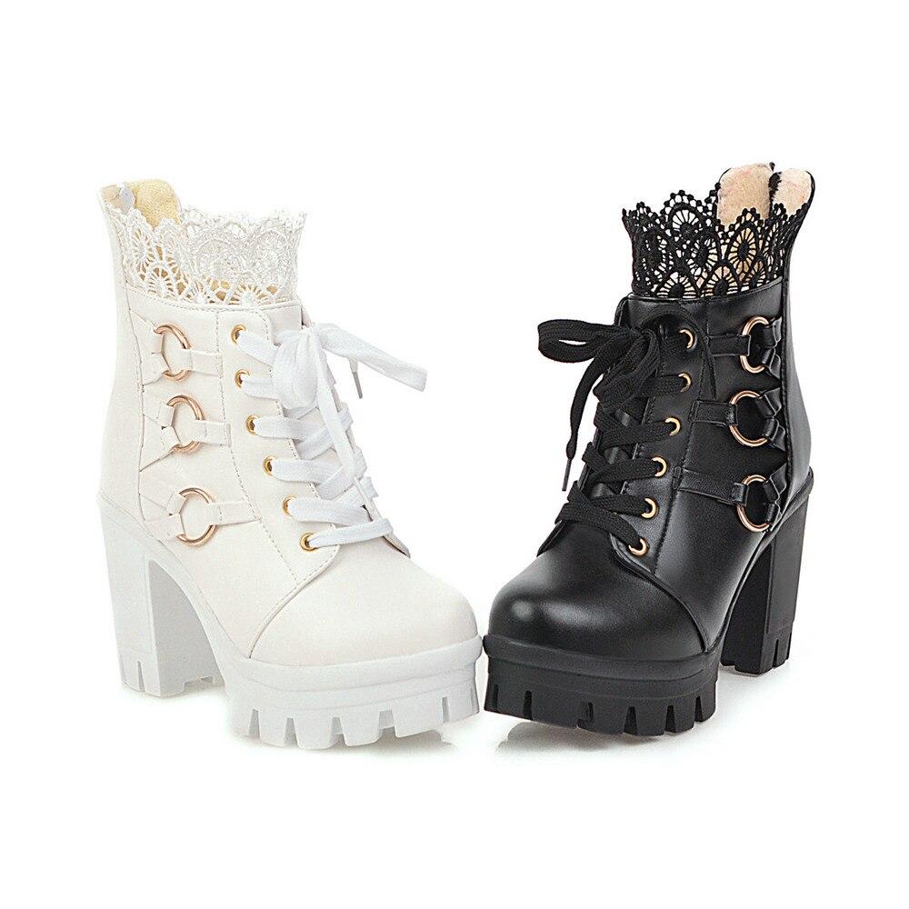Women Chunky Platform Ankle Boots Lolita Super High Heel Lace Up Boots Sweet Lace Back Zipper Princess Cosplay Shoes Black White