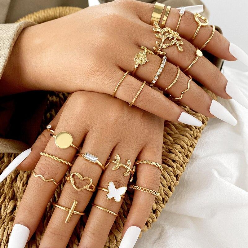 Vintage Gold Color Butterfly Rings Set For Women Fashion Heart Leaves Geometric Twist Ring Hollow Jewelry Trendy Accessories New