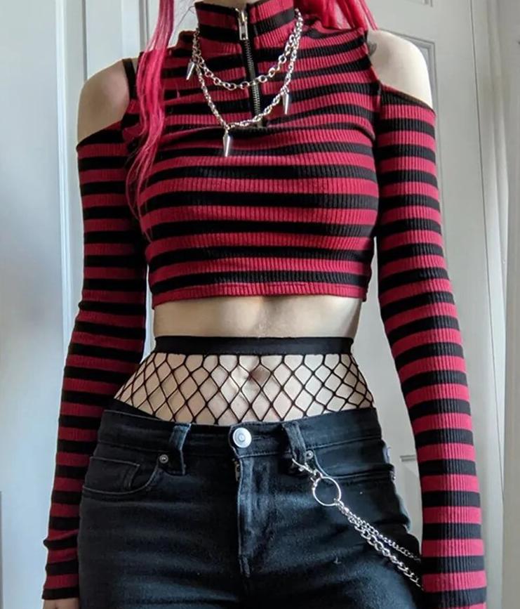 InsGoth Punk Red Stripe Zipper T Shirt Y2K Harajuku Sexy Off Shoulder Long Sleeve Bodycon Crop Tops Gothic Women Knitted Tees