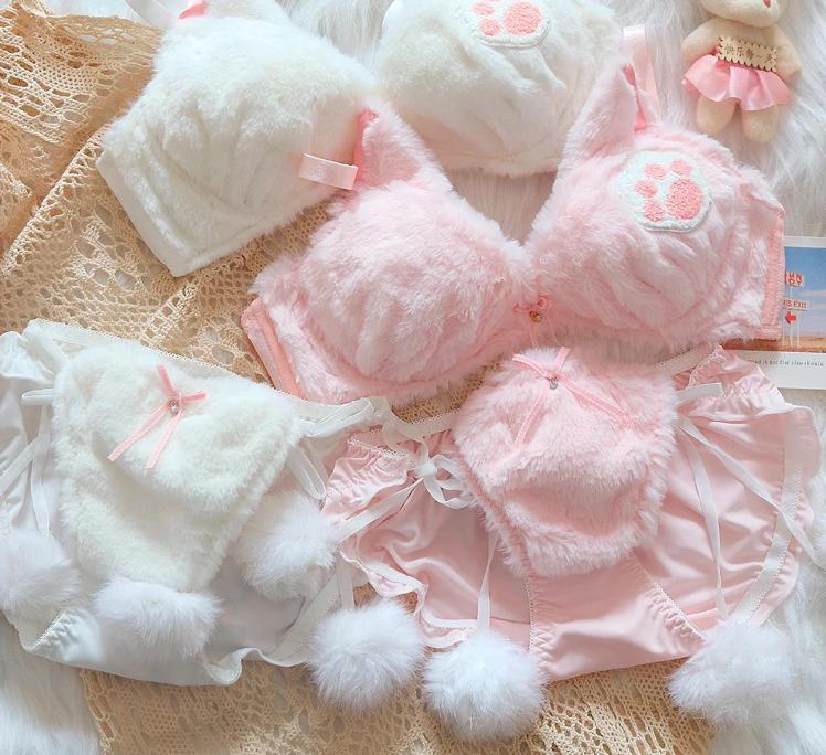 Winter Cat Paw Plush Underwear Women Comfortable Bra and Panty Set Cute Japanese Girl Ear Sweet Lolita Lingerie Set