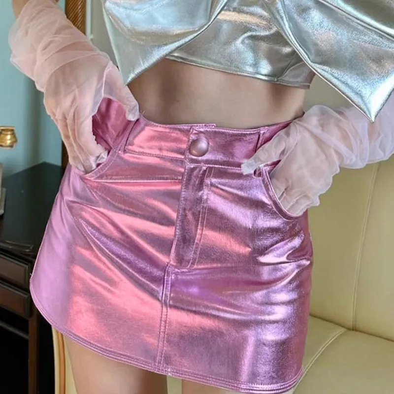 Y2k Pink Metallic Fashion Hot Girls Short Skirt Pockets Slim Fit Bright High Waist Korean Fashion Halfskirt Women Clothing