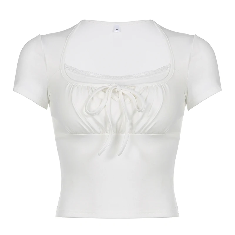 CIBBAR White Stitched Crop Top Women Casual Vintage Fake Two-piece Lace Patchwork Short Sleeve T Shirt y2k Summer Tees Aesthetic CIBBAR White Stitched Crop Top Women Casual Vintage Fake Two-piece Lace Patchwork Short Sleeve T Shirt y2k Summer Tees Aesthetic