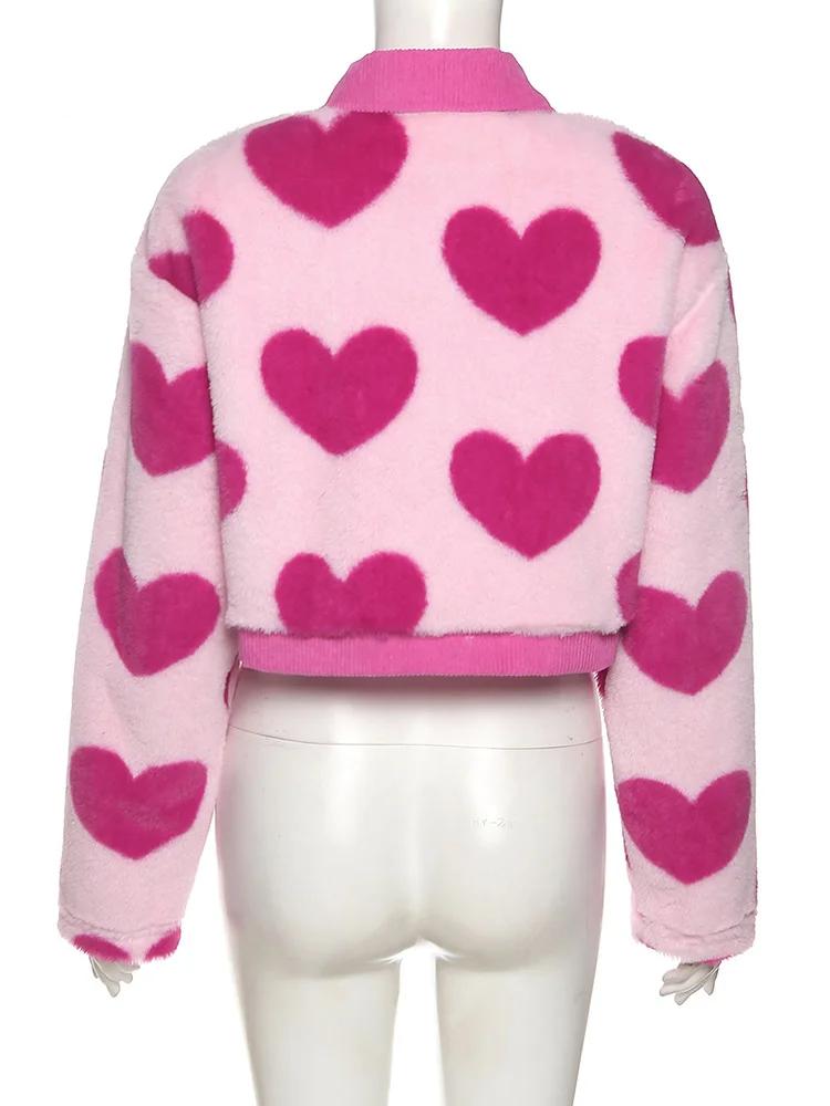 Sylcue Pink Girl Youth Cute All-Match Love Contrast Woolen Loose Comfortable And Supple Women's Short Top Coat Button