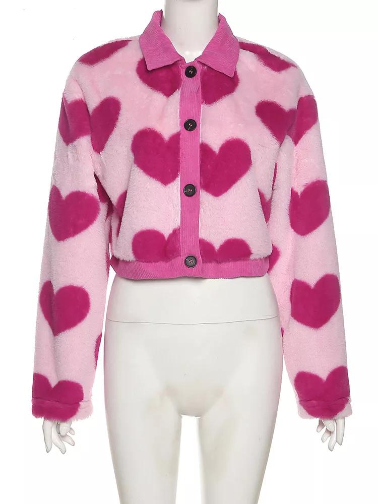 Sylcue Pink Girl Youth Cute All-Match Love Contrast Woolen Loose Comfortable And Supple Women's Short Top Coat Button