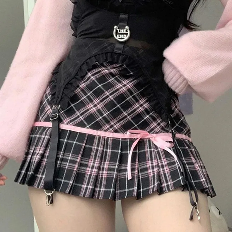 AltGoth Sweet Cute Plaid Skirt Women Fairycore Grunge Pastel Goth High Waist Mini Skirt Harajuku Y2k E-girl Clubwear Skirt Femme