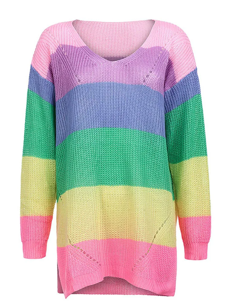 Fitshinling Rainbow Striped Long Sweater Femme Pull V Neck Slim Pullovers Autumn Winter Long Sleeve Sweaters Women Jumpers Sale
