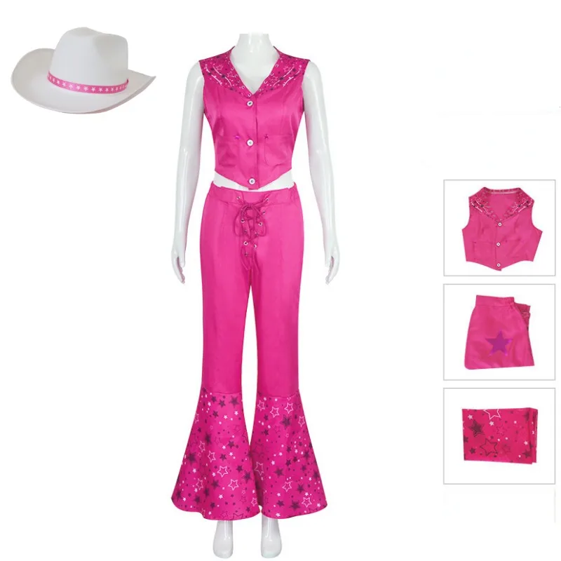 Movie Barbi Cosplay Rose Red Bell Bottoms Barbe Cosplay Suit Tight Fitting Set with Hat and Scarf Halloween Costumes Kids Adult Movie Barbi Cosplay Rose Red Bell Bottoms Barbe Cosplay Suit Tight Fitting Set with Hat and Scarf Halloween Costumes Kids Adult
