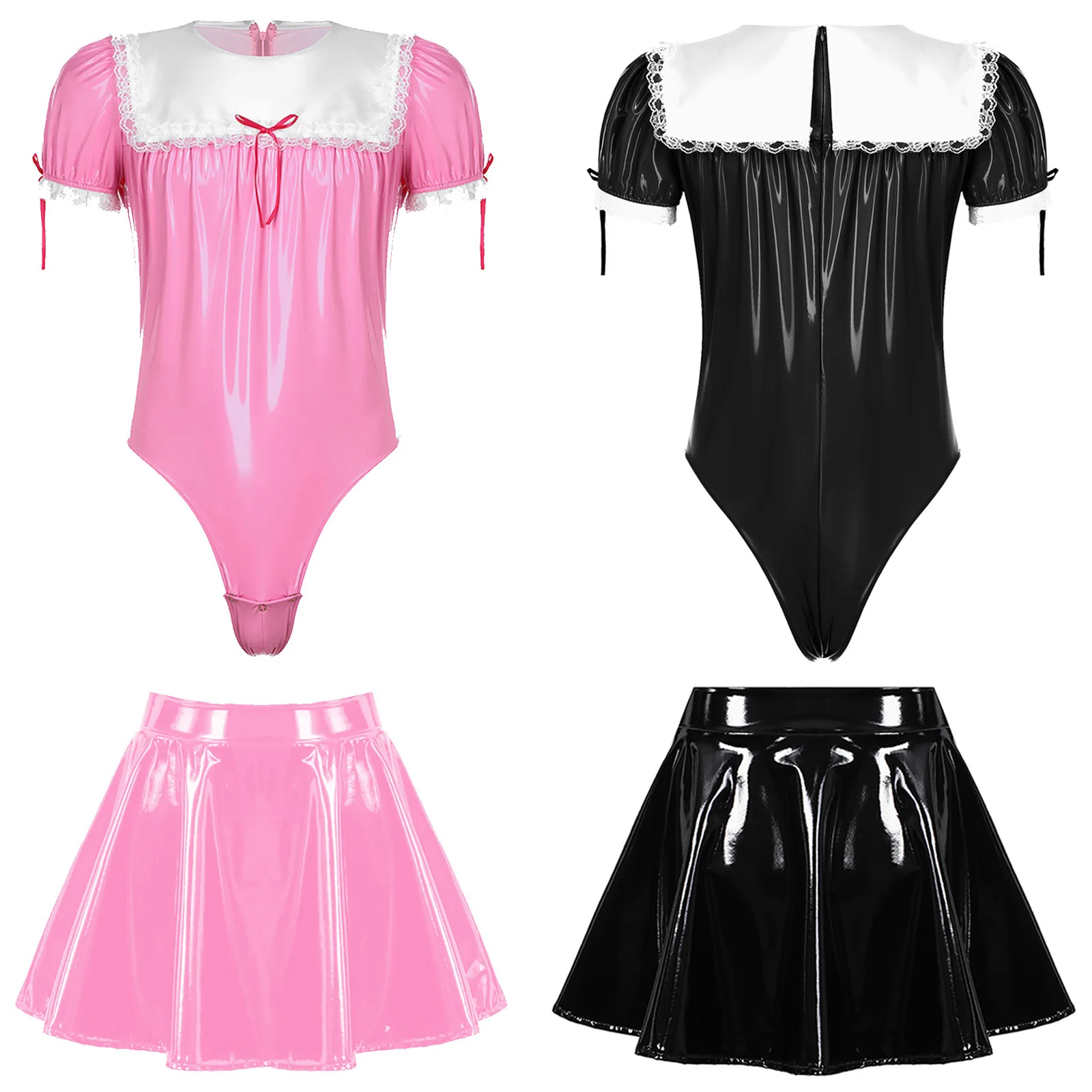 Men's Sissy Exotic Sets Wet Look PVC Leather French Maid Cosplay Costume Lace Trimed Leotard Bodysuit with A-line Skirt Roleplay
