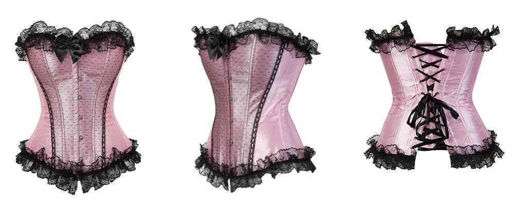 Pink Corset Bustier Top Victorian Overbust Princess Corset Lace Trim Showgirl Lingerie Costume Corsets for Women Plus Size