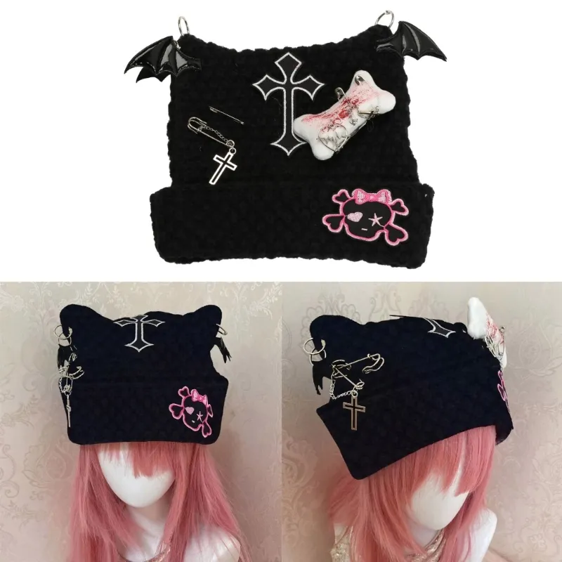 Elastic Punk Style Cat Ear Hat Black Knitted Hat with Dangle Jewelry for Women Keep Ear Warm Hat Cold Weather Supplies