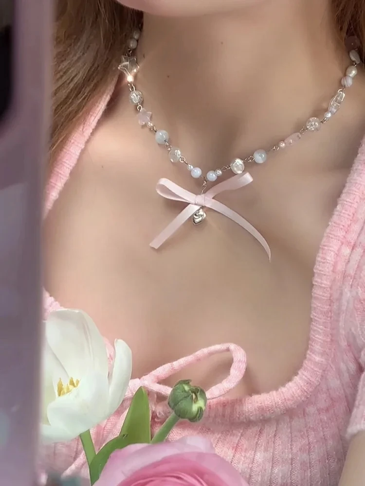 Kpop Goth Y2K Heart Bowknot Pendant Choker Necklace Clavicle Chain For Women Kpop Goth Y2K Heart Bowknot Pendant Choker Necklace Clavicle Chain For Women
