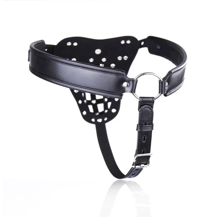 Male Metal Studs And Mesh Crotch Cage G-String Thong Faux Leather Strappy Lockable Waist Harness Brief Underwear Pants