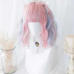 12Inch Blue Pink Double Color Synthetic Wigs With Bang Short Natural Wavy Hair Wig for Women Daily Use Cosplay Heat Resistant other cb5feb1b7314637725a2e7: blue pink 