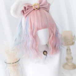 12Inch Blue Pink Double Color Synthetic Wigs With Bang Short Natural Wavy Hair Wig for Women Daily Use Cosplay Heat Resistant other cb5feb1b7314637725a2e7: blue pink 