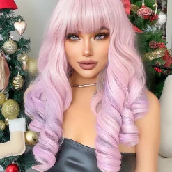 22Inch Cherry Blossom Pink Color Synthetic Wigs With Bang Long Natural Curly Hair Wig For Women Cosplay Party Heat Resistant other cb5feb1b7314637725a2e7: Light pink 