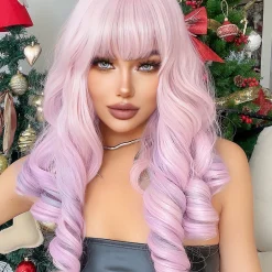 22Inch Cherry Blossom Pink Color Synthetic Wigs With Bang Long Natural Curly Hair Wig For Women Cosplay Party Heat Resistant other cb5feb1b7314637725a2e7: Light pink 