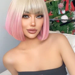12Inch Blond Gradient Pink Color Synthetic Wigs With Bang Short Natural Straight Hair Wig For Women Cosplay Party Heat Resistant other cb5feb1b7314637725a2e7: Blonde 