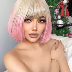 12Inch Blond Gradient Pink Color Synthetic Wigs With Bang Short Natural Straight Hair Wig For Women Cosplay Party Heat Resistant other cb5feb1b7314637725a2e7: Blonde 