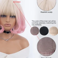 12Inch Blond Gradient Pink Color Synthetic Wigs With Bang Short Natural Straight Hair Wig For Women Cosplay Party Heat Resistant other cb5feb1b7314637725a2e7: Blonde 