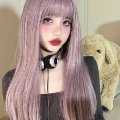 22Inch Pinky Light Purple Synthetic Wigs With Bang Long Natural Straight Hair Wig for Women Daily Use Cosplay Heat Resistant other cb5feb1b7314637725a2e7: Purple 