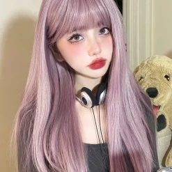 22Inch Pinky Light Purple Synthetic Wigs With Bang Long Natural Straight Hair Wig for Women Daily Use Cosplay Heat Resistant other cb5feb1b7314637725a2e7: Purple 