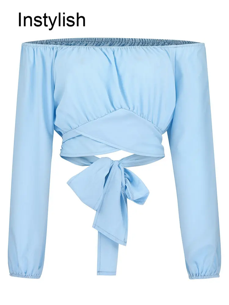 Women Elegant Off Shoulder Print Blouse Sexy Lace Up Bow Backless Slim Shirt Casual Long Sleeve Chic Crop Top Streetwear Tunic other cb5feb1b7314637725a2e7: Print Blue|Print White|Butterfly|Blue|Orange|white