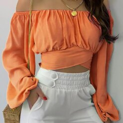 Women Elegant Off Shoulder Print Blouse Sexy Lace Up Bow Backless Slim Shirt Casual Long Sleeve Chic Crop Top Streetwear Tunic other cb5feb1b7314637725a2e7: Print Blue|Print White|Butterfly|Blue|Orange|white