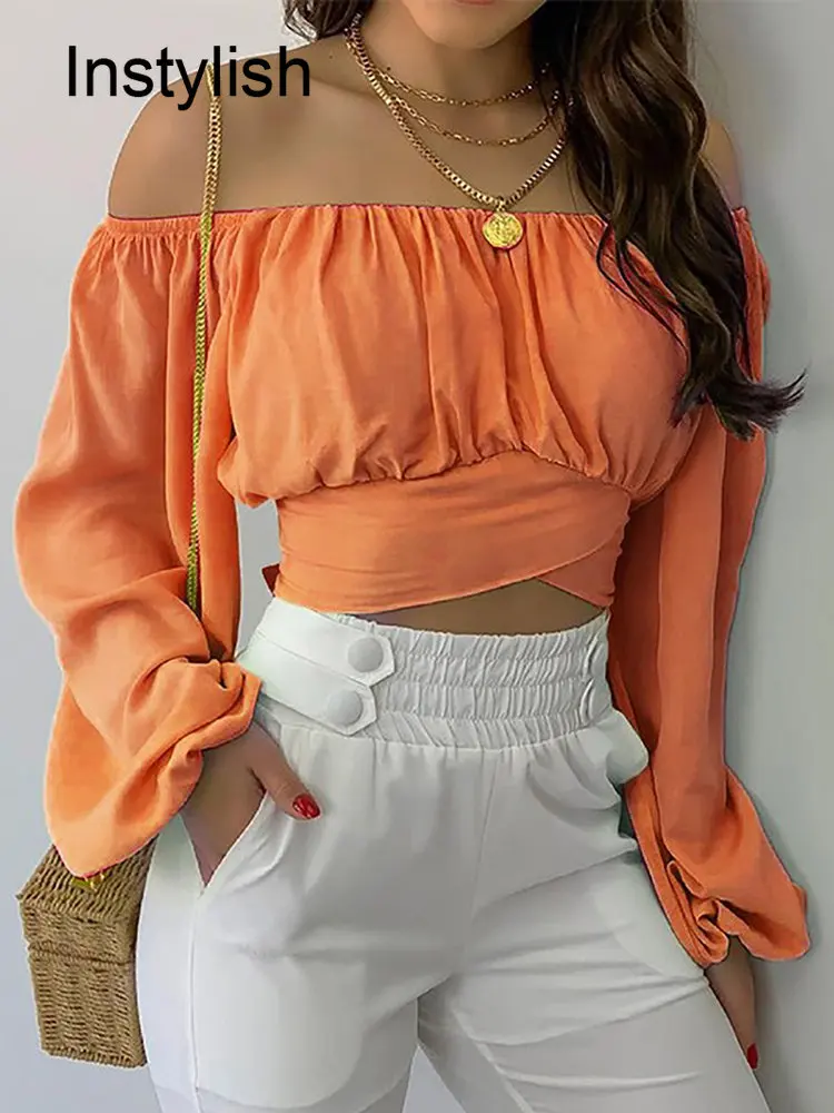 Women Elegant Off Shoulder Print Blouse Sexy Lace Up Bow Backless Slim Shirt Casual Long Sleeve Chic Crop Top Streetwear Tunic other cb5feb1b7314637725a2e7: Print Blue|Print White|Butterfly|Blue|Orange|white