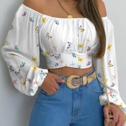 Women Elegant Off Shoulder Print Blouse Sexy Lace Up Bow Backless Slim Shirt Casual Long Sleeve Chic Crop Top Streetwear Tunic other cb5feb1b7314637725a2e7: Print Blue|Print White|Butterfly|Blue|Orange|white 