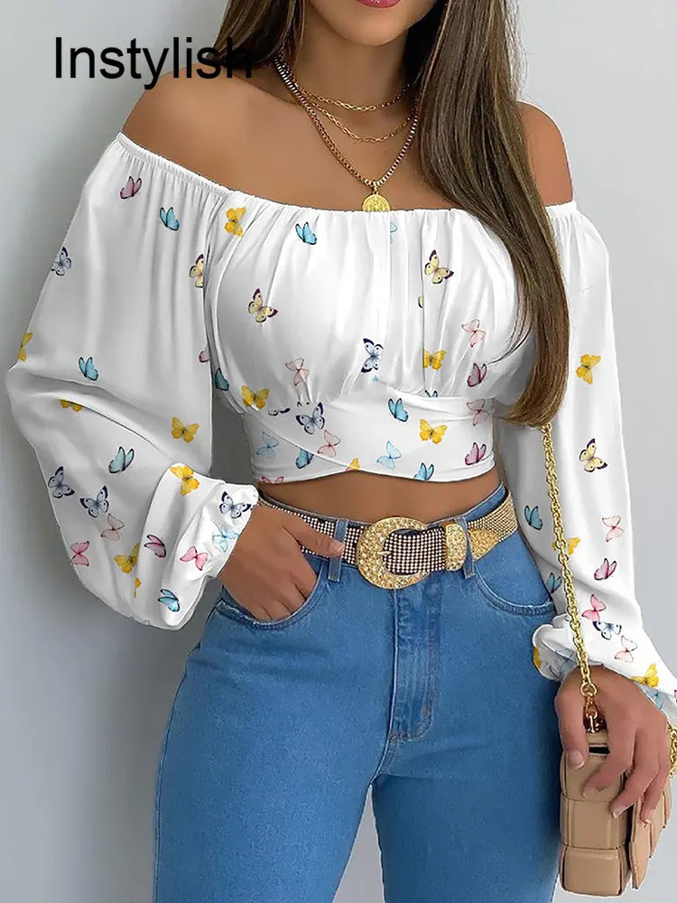 Women Elegant Off Shoulder Print Blouse Sexy Lace Up Bow Backless Slim Shirt Casual Long Sleeve Chic Crop Top Streetwear Tunic other cb5feb1b7314637725a2e7: Print Blue|Print White|Butterfly|Blue|Orange|white