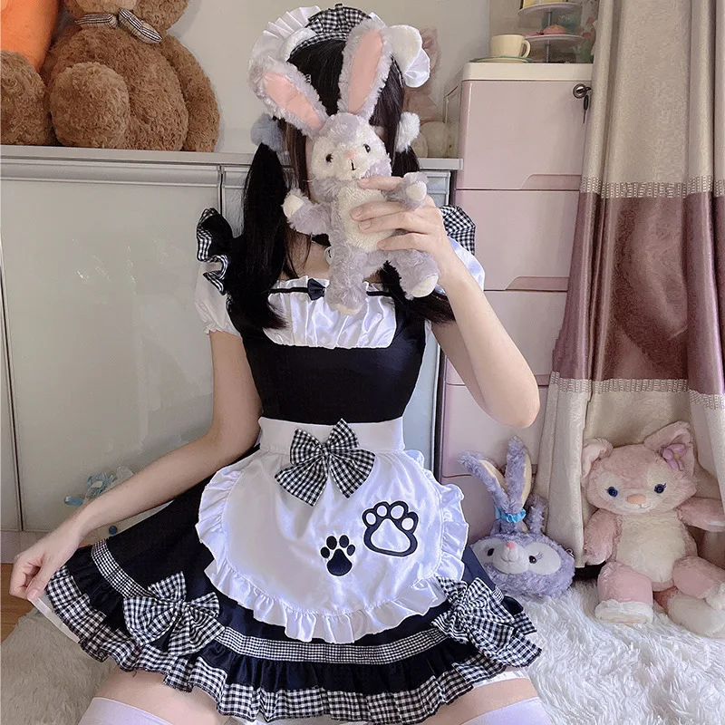 Japanese Kawaii Maid Outfits Plus Size Plaid Apron Maids Cosplay Costumes Anime Cat Girl Sweet Student Party Princess Dress 2023