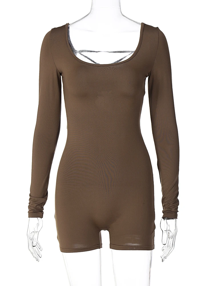 Hugcitar Long Sleeves Backless Solid Lace Up Sexy Slim Skinny Playsuit 2023 Summer Women Fashion Y2K Streetwear Party Club Rompe other cb5feb1b7314637725a2e7: Black|Brown|gray
