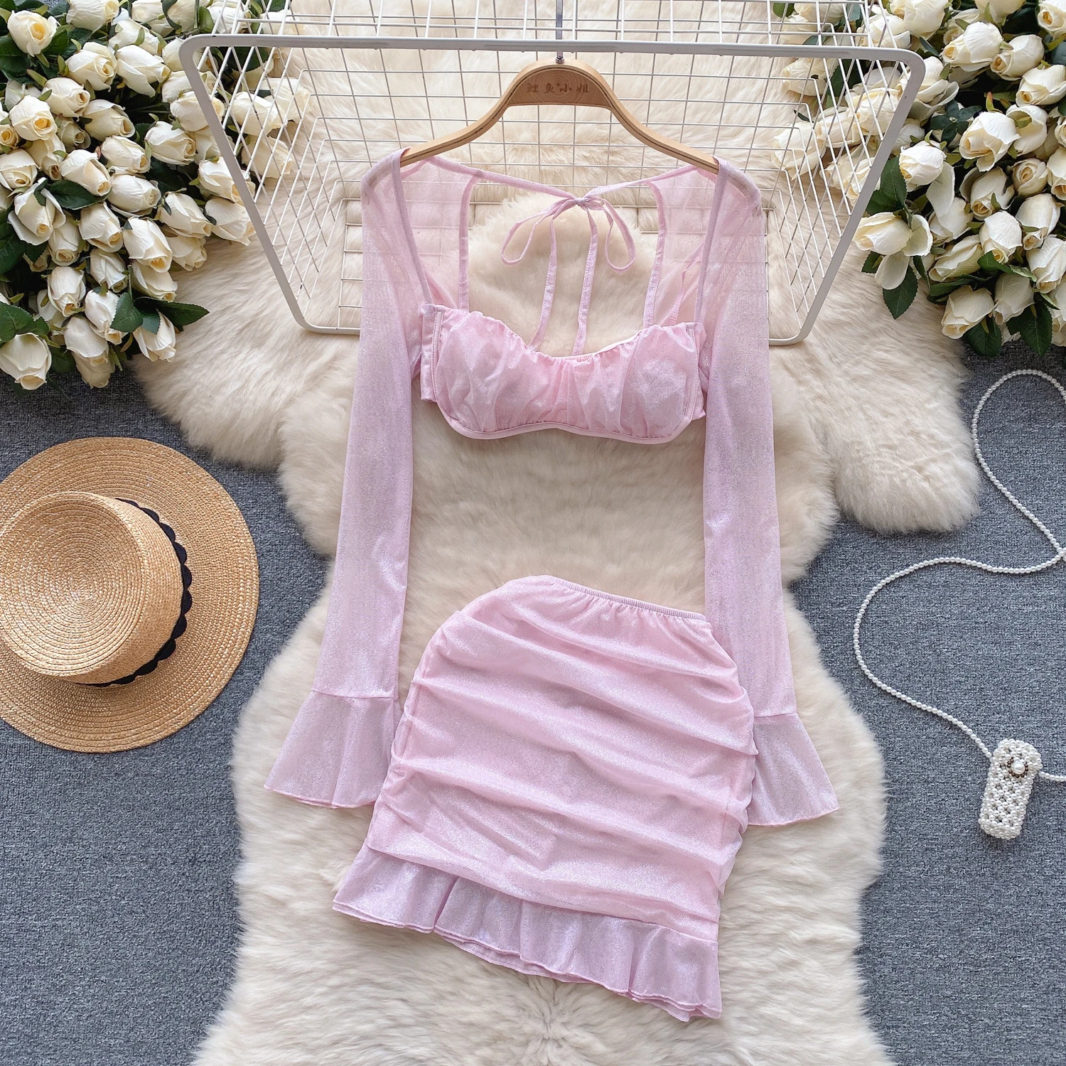 SINGREINY Women Hotsweet Two Peices Sets Fashion Bandage Flare Sleeve Tops+Sexy Slim Skirt American Transparent Y2K Solid Suits SINGREINY Women Hotsweet Two Peices Sets Fashion Bandage Flare Sleeve Tops+Sexy Slim Skirt American Transparent Y2K Solid Suits