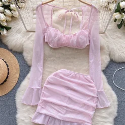 SINGREINY Women Hotsweet Two Peices Sets Fashion Bandage Flare Sleeve Tops+Sexy Slim Skirt American Transparent Y2K Solid Suits other