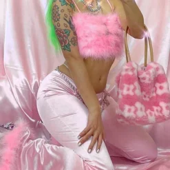Party Pink Long Pants Faux Fur Fluffy Satin Women Flare Pants High Waist Bell Trousers Bodycon Sexy Autumn Winter Bottoms other