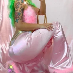 Party Pink Long Pants Faux Fur Fluffy Satin Women Flare Pants High Waist Bell Trousers Bodycon Sexy Autumn Winter Bottoms other
