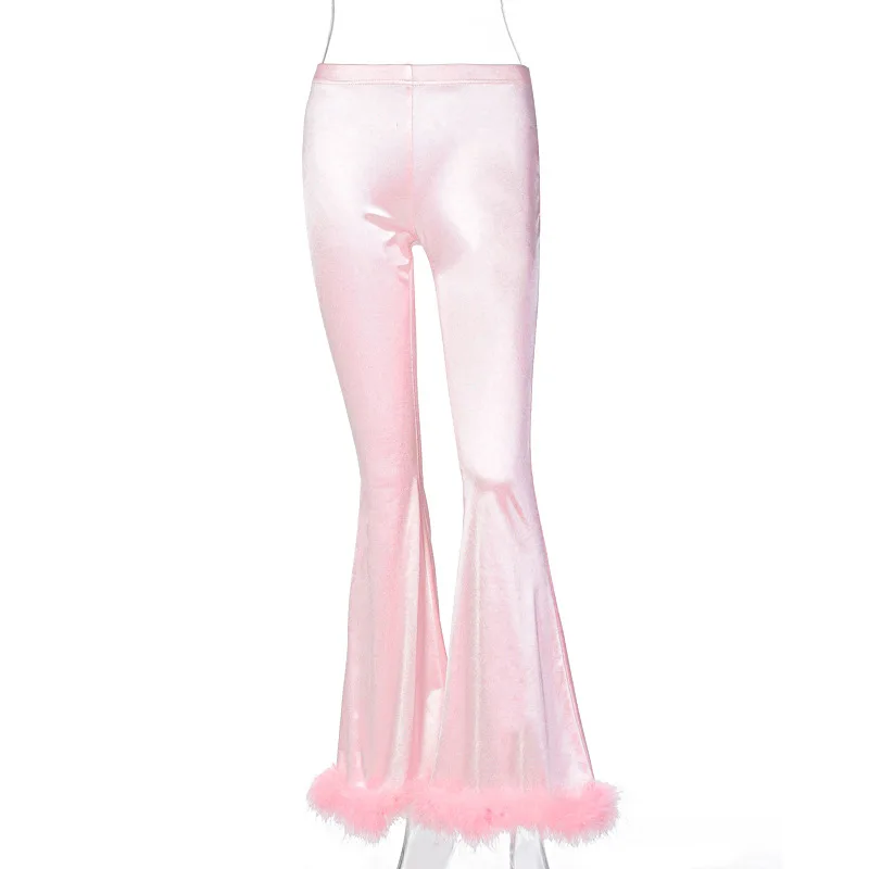 Party Pink Long Pants Faux Fur Fluffy Satin Women Flare Pants High Waist Bell Trousers Bodycon Sexy Autumn Winter Bottoms Party Pink Long Pants Faux Fur Fluffy Satin Women Flare Pants High Waist Bell Trousers Bodycon Sexy Autumn Winter Bottoms