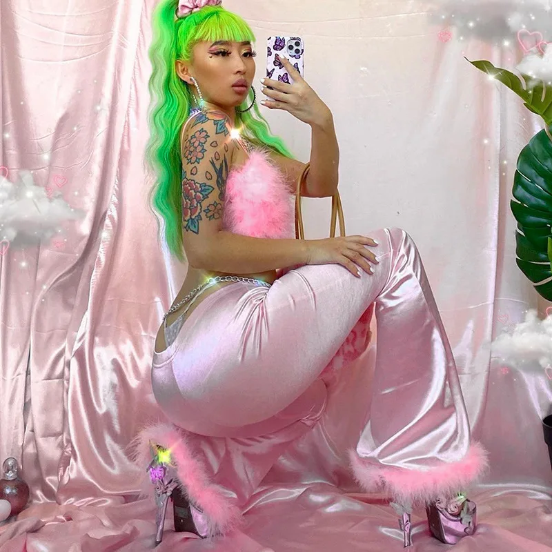 Party Pink Long Pants Faux Fur Fluffy Satin Women Flare Pants High Waist Bell Trousers Bodycon Sexy Autumn Winter Bottoms Party Pink Long Pants Faux Fur Fluffy Satin Women Flare Pants High Waist Bell Trousers Bodycon Sexy Autumn Winter Bottoms