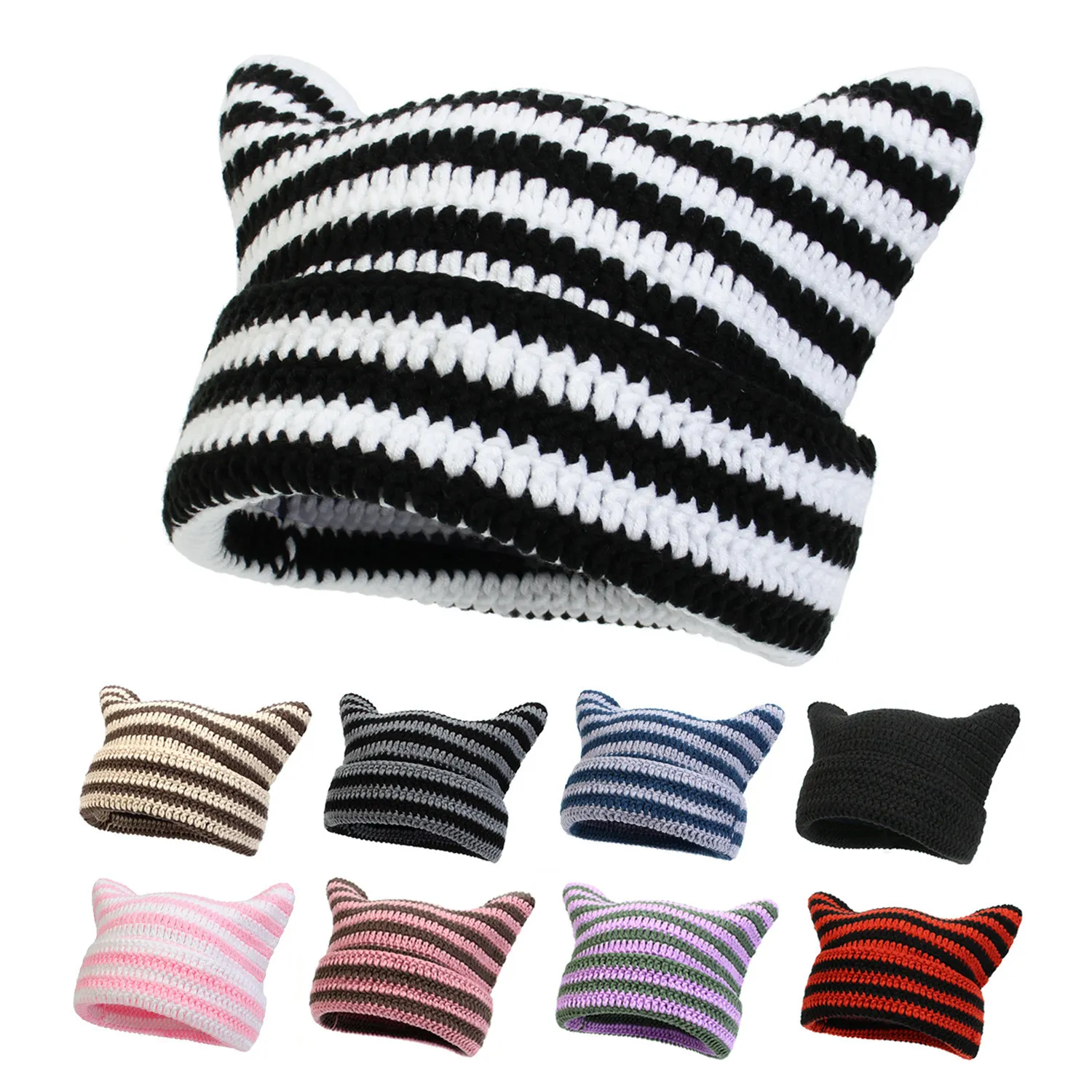 New Korean Style Handmade Crochet Acrylic Cat Ears Woman Winter Hat Striped Autumn Beanies Warm Soft Bonnet Skullies Cap Gift