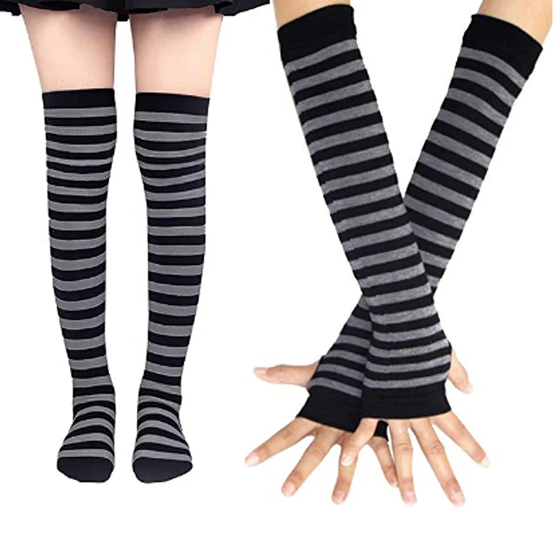 1 Set Women Girls Over Knee Long Stripe Printed Thigh High Cotton Socks Arm Sleeve Gloves Sweet Cute Plus Size Overknee Socks